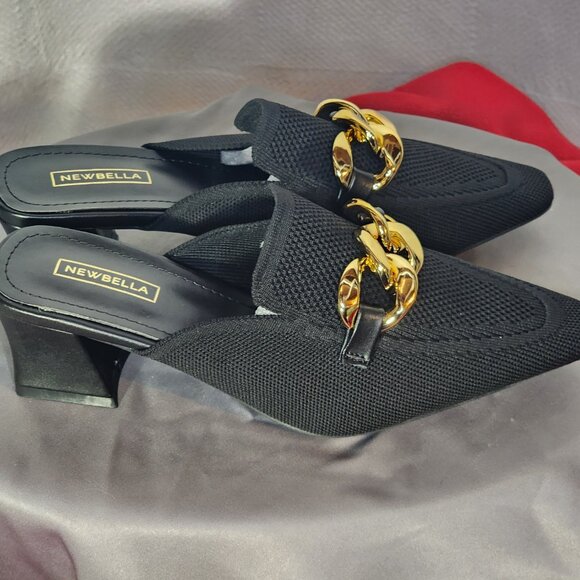 Newbella Black Mousse Fit Pointed Toe Square Heel Gold Tone Chain Dress Mule 7.5 - Picture 13 of 16